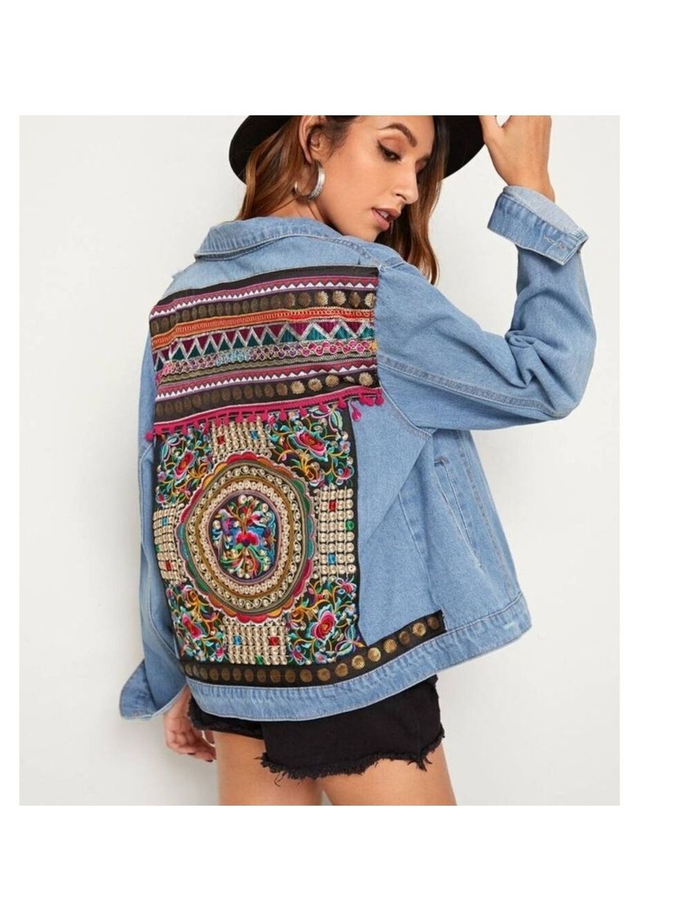 DENIM CO EMBROIDERY BOHO FESTIVAL OVERSIZE STATEMENT JEAN JACKET SIZE SMALL 4/6